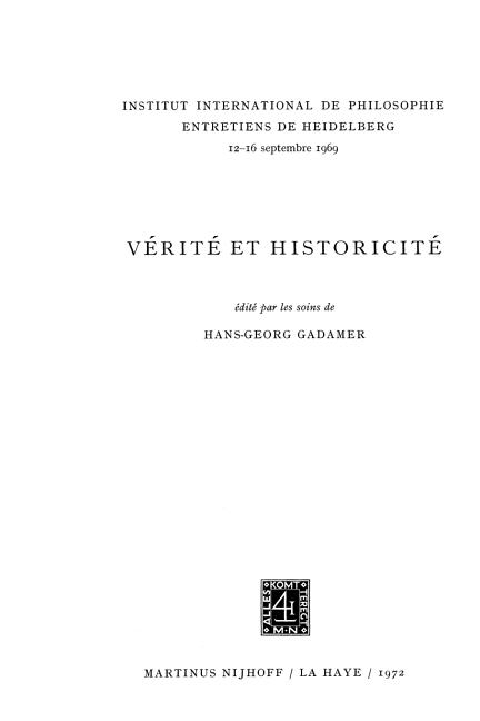 Truth and Historicity / Vérité Et Historicité (1972)